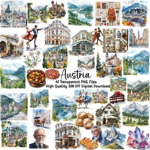 Aquarel Oostenrijk clipart, reizen clipart, Oostenrijkse cultuur clipart, Wenen graphics, png-afbeeldingen, plakboeken, dagboek, wenskaarten
