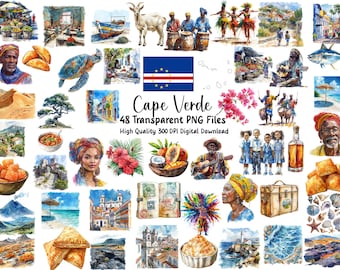 Cape Verde Watercolor Clipart | Island Culture, Food, Landscapes (Digital Download PNG)