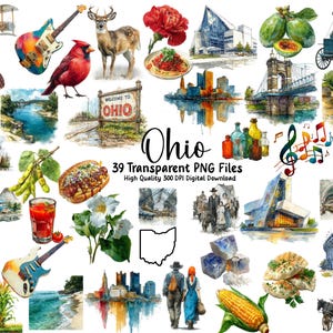 May include: Watercolor illustrations of Ohio-themed elements, including a guitar, cardinal, deer, and cityscape. The text "Ohio" and "39 Transparent PNG Files" are also visible. The images are high-quality and suitable for digital download.