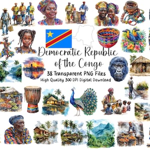 Puede incluir: Una colección de ilustraciones en acuarela que representan escenas y símbolos de la República Democrática del Congo. Incluye retratos, paisajes, animales y la bandera nacional. El texto dice "República Democrática del Congo" y "38 archivos PNG transparentes".