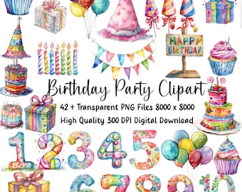 Watercolor Birthday Party Clipart: Cake, Balloons (Digital Download)