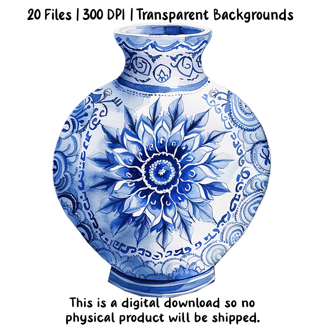 Blue Toile Vase Clipart, Blue Chinoiserie Vases, Transparent Background Commercial Use, 300DPI