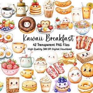 Clipart de café da manhã Kawaii, adesivos Kawaii para crianças, convites, planejadores, menus, cartões comemorativos, imagens de frutas, PNG, uso comercial