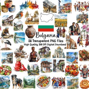 Puede incluir: Una colección de ilustraciones en acuarela que representan la cultura búlgara. Las imágenes incluyen ropa tradicional, arquitectura, comida y paisajes. El texto "Bulgaria" y "58 Transparent PNG Files" también es visible.