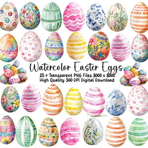 Peut inclure: Une collection d'œufs de Pâques à l'aquarelle aux motifs et couleurs variés, notamment des motifs floraux, des rayures et des pois. L'image comprend le texte "Watercolor Easter Eggs" et les détails du téléchargement.