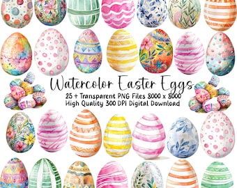 May include: A collection of watercolor Easter eggs in various designs and colors, including floral patterns, stripes, and polka dots. The image includes the text "Watercolor Easter Eggs" and details about the digital download.
