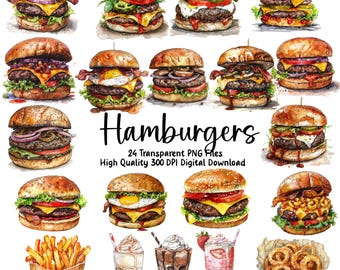 Watercolor Hamburger Clipart: Fast Food PNG Graphics (Commercial Use)