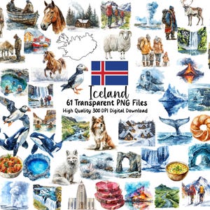 Puede incluir: Una colección de 61 archivos PNG transparentes con ilustraciones en acuarela de Islandia. Las imágenes incluyen paisajes, animales, personas y la bandera islandesa. El texto dice "Islandia" y "Descarga digital de alta calidad 300 DPI."