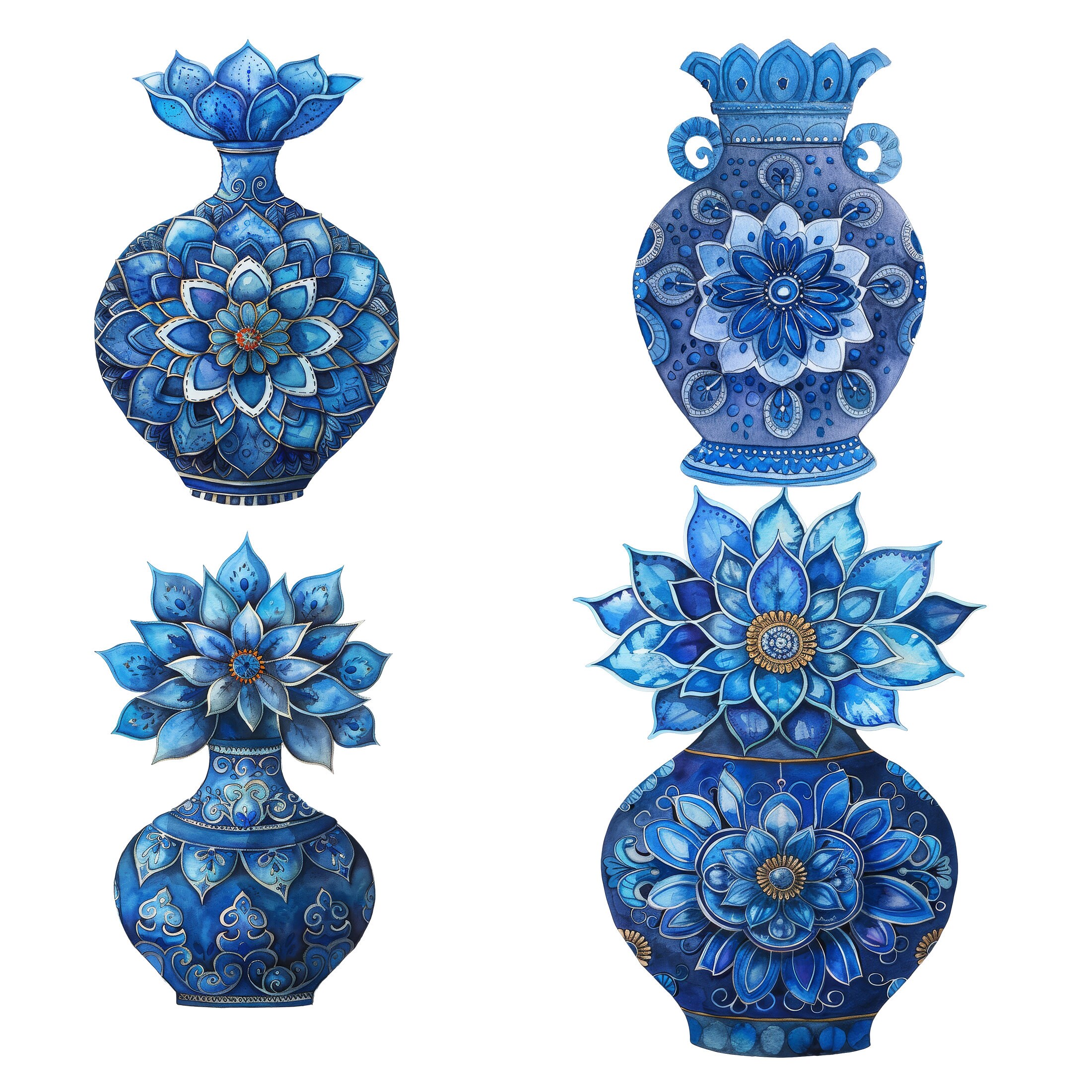 Blue Toile Vase Clipart, Blue Chinoiserie Vases, Transparent Background Commercial Use, 300DPI