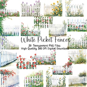 Białe Płoty Sztachetowe Clipart, Ogrodowe Ogrodzenia Kwiatowe, Na Zewnątrz, Dzienniki Śmieciowe, Scrapbooking, Użytkowanie Komercyjne, Natychmiastowe Pobieranie, Pliki PNG