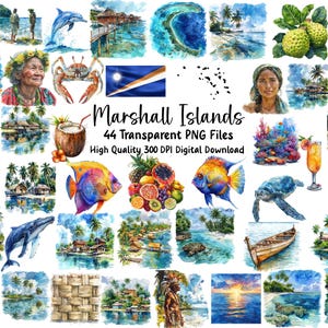 May include: A digital download graphic set featuring watercolor illustrations of the Marshall Islands. The images include marine life, tropical fruits, island scenes, and portraits. The text reads "Marshall Islands 44 Transparent PNG Files High Quality 300 DPI Digital Download."