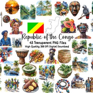 Puede incluir: Ilustraciones en acuarela de la República del Congo, con elementos culturales. Incluye imágenes de personas, comida, animales, paisajes y objetos tradicionales. El texto dice "República del Congo" y "43 archivos PNG transparentes".