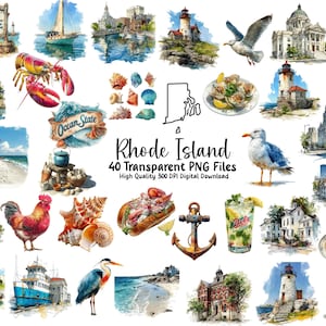 Może przedstawiać: Akwarelowe ilustracje Rhode Island, z homarem, mewą, latarnią morską i scenami nadmorskimi. Tekst brzmi "Rhode Island" i "Ocean State". Zawiera 40 przezroczystych plików PNG.