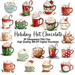 Clipart de chocolate quente de férias, canecas de café de Natal, clipart de Chibi, amantes de capas, cartões comemorativos, convites, diários, álbuns de recortes, PNG