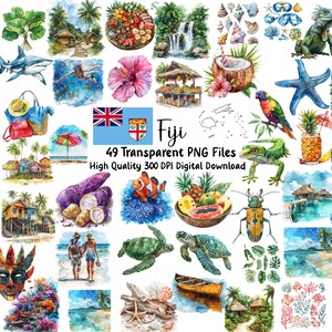 May include: A collection of 49 transparent PNG files featuring watercolor illustrations of Fiji. The images include tropical scenes, marine life, fruits, and cultural elements. The text "Fiji" and "49 Transparent PNG Files" are also included.