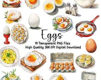 May include: A collection of watercolor illustrations featuring eggs in various forms, including fried, scrambled, boiled, and in a carton. The illustrations are on a white background with the text "Eggs 19 Transparent PNG Files High Quality 300 DPI Digital Download".