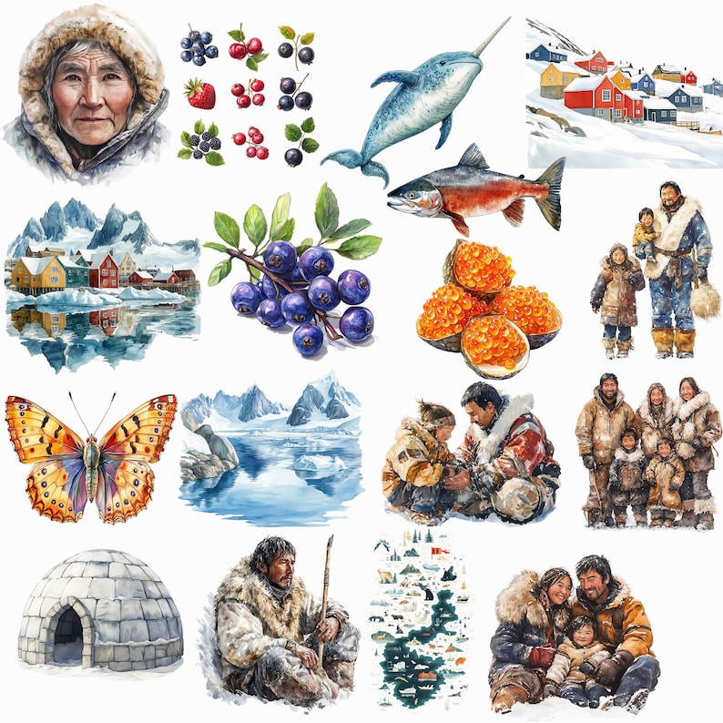 Watercolor Greenland Clipart: Arctic Landscapes, Inuit Culture (digital ...
