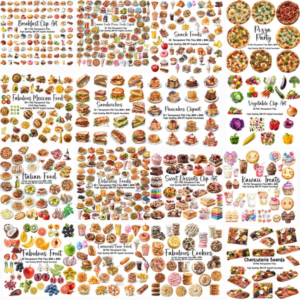 Food Mega Collection, 16 Food Collections, Hamburgers, Breakfast, Cake, Cookies, Carnival Food, PNG Files, Commerical Use