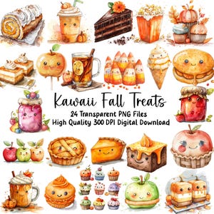 Gâteries d'automne kawaii, citrouille, café au lait, pommes, journaux, menu, invitations, cartes de voeux, usage commercial - téléchargement numérique PNG,