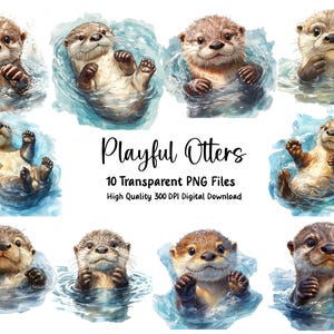 Amis loutres ludiques, clipart aquarelle imprimable, invitations, créations en papier, journal indésirable, fichiers PNG