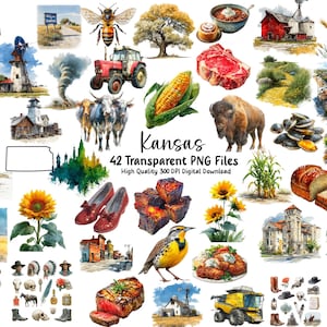 May include: A collection of 42 transparent PNG files featuring watercolor illustrations of Kansas-themed imagery. Includes images of a tornado, sunflowers, a bison, a tractor, and the text "Kansas".