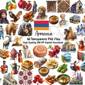 May include: A collection of 60 transparent PNG files featuring Armenian cultural elements. The watercolor illustrations include food, people in traditional clothing, animals, architecture, and the Armenian flag. The text reads "Armenia" and "High Quality 300 DPI Digital Download."