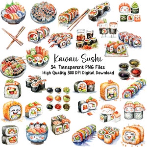 Adorables imágenes prediseñadas de sushi kawaii, gráficos de sushi, archivos PNG, uso comercial, descarga instantánea
