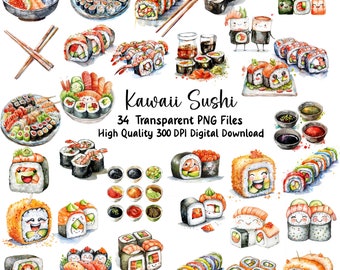 Adorable Kawaii Sushi Clipart, Sushi Graphics, PNG Files, Commercial Use, Instant Download