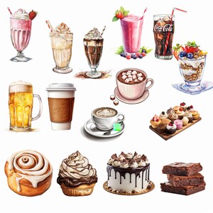 以下が含まれることがあります： ビール、コーヒー、チョコレートミルク、イチゴミルクシェイク、コーラ、ヨーグルトパフェ、マシュマロ入りのホットチョコレート、シナモンロール、チョコレートカップケーキ、ホワイトフロスティングとチョコレートドリップをかけたチョコレートケーキ、ブラウニーの積み重ねなど、さまざまな飲み物とデザートのコレクションです。