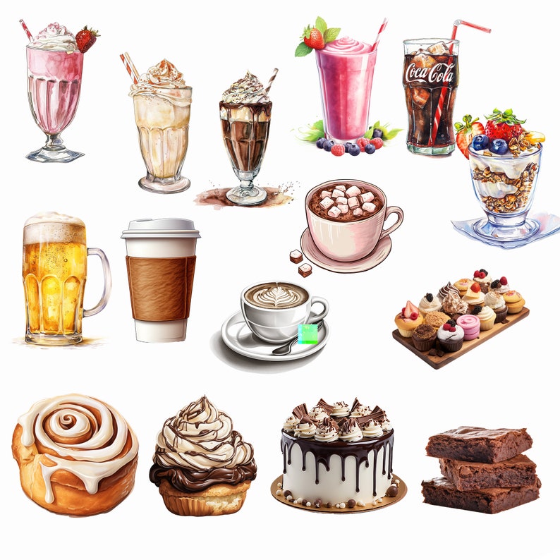 以下が含まれることがあります： ビール、コーヒー、チョコレートミルク、イチゴミルクシェイク、コーラ、ヨーグルトパフェ、マシュマロ入りのホットチョコレート、シナモンロール、チョコレートカップケーキ、ホワイトフロスティングとチョコレートドリップをかけたチョコレートケーキ、ブラウニーの積み重ねなど、さまざまな飲み物とデザートのコレクションです。