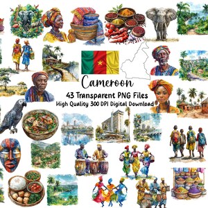 May include: Watercolor illustrations of Cameroon, featuring portraits, landscapes, wildlife, and cultural elements. The images include a flag, people in traditional attire, animals, food, and architectural scenes. The text reads "Cameroon 43 Transparent PNG Files High Quality 300 DPI Digital Download."
