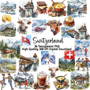 Aquarell Schweiz Clipart, Reise Clipart, Kultur Schweiz, Einladungen, Junk Journals, Greeting Cards, Digital Download Clipart