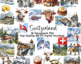 以下が含まれることがあります： スイスのさまざまなシーンを描いた水彩画のイラスト36点のセットです。イラストには、山、湖、村、牛、チョコレート、フォンデュなどが含まれています。画像には、「スイス 36 透明PNG 高画質 300 DPI デジタルダウンロード」というテキストが含まれています。