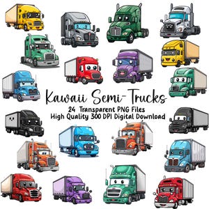 Clipart de caminhão semi-caminhão infantil, pacote gráfico Kawaii Big Rig, convite de aniversário, cartão de felicitações, diários, arquivos PNG, download instantâneo