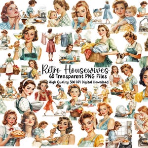 Amas de casa retro de 1950, clipart de ama de casa vintage de 1960, diarios de scrapbooking, clipart de descarga digital, manualidades de papel, uso comercial