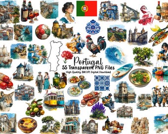 Puede incluir: Una colección de 55 archivos PNG transparentes con ilustraciones en acuarela de Portugal. Las imágenes incluyen comida tradicional, arquitectura, símbolos culturales y la bandera portuguesa. Descarga digital de alta calidad a 300 DPI.