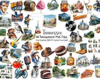 May include: A collection of watercolor illustrations featuring Tennessee-themed elements. Includes images of Elvis, a guitar, a sign that says "Music City", a sign that says "Broadway", and the text "Tennessee 60 Transparent PNG Files High Quality 300 DPI Digital Download".
