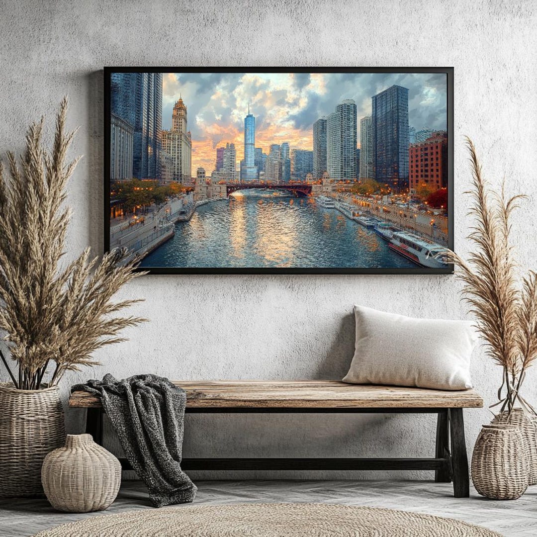 シカゴ川の水彩画アートプリント：都市景観のホームデコレーション