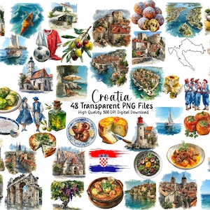 Puede incluir: Ilustraciones en acuarela de Croacia, que presentan diversas escenas como pueblos costeros, comida y elementos culturales. Las imágenes incluyen una bandera croata, ropa tradicional y platos. El texto "Croatia" y "48 Transparent PNG Files" también son visibles.