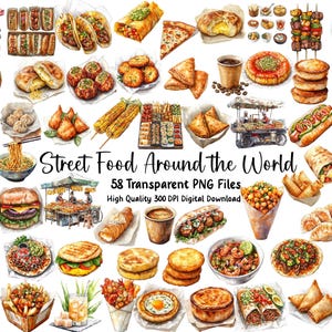 Streetfood-clipart, wereldkeuken voor menu's, internationaal eten, recepten en scrapbooking, eten png, commercieel gebruik,