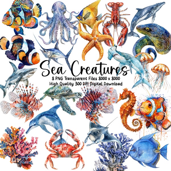 Sea Creatures Clipart, Ocean Animals, Ocean Clipart, Whales, Fish, Lobster, Instant Download