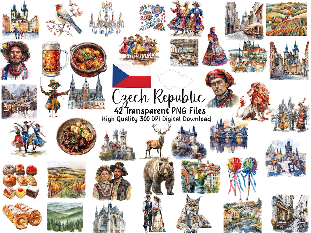 Czech Republic Clipart Bundle, Czechia Watercolor PNG, Prague