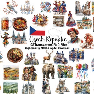 May include: A collection of watercolor illustrations featuring Czech Republic themes. Images include traditional costumes, architecture, food, and wildlife. The text reads "Czech Republic" and "42 Transparent PNG Files".