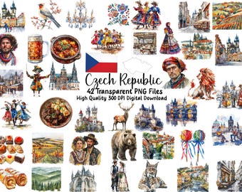Czech Republic Clipart Bundle, Czechia Watercolor PNG, Prague