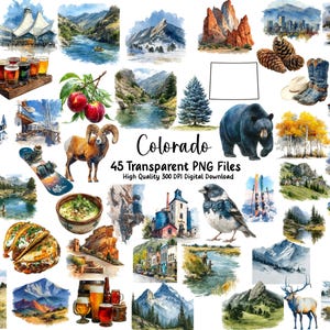 May include: A collection of 45 watercolor-style PNG files featuring Colorado-themed illustrations. The images include mountain landscapes, wildlife, food, and iconic landmarks. The text "Colorado" and "45 Transparent PNG Files" are visible.