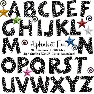 May include: Black and white alphabet letters with white polka dots. Each letter is surrounded by a white background. The letters are arranged in alphabetical order. The text "Alphabet Fun" is written in black with white polka dots. The text "38 Transparent PNG Files" is written in black. The text "High Quality 300 DPI Digital Download" is written in black.