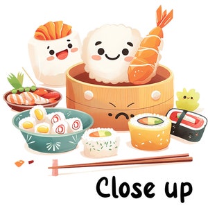 May include: A colorful illustration of a variety of sushi, including a bowl of rice with a shrimp on top, a bowl of sushi rolls, a bowl of dumplings, and a plate of sushi nigiri. The illustration is in a cartoon style with cute faces on the food.