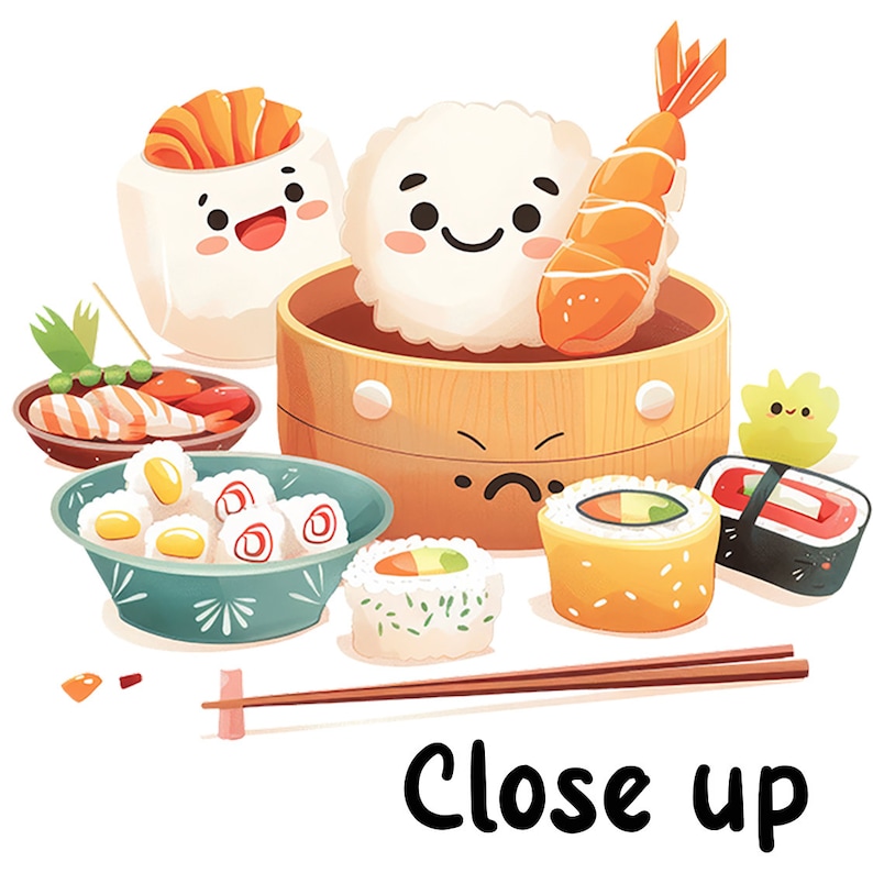 May include: A colorful illustration of a variety of sushi, including a bowl of rice with a shrimp on top, a bowl of sushi rolls, a bowl of dumplings, and a plate of sushi nigiri. The illustration is in a cartoon style with cute faces on the food.