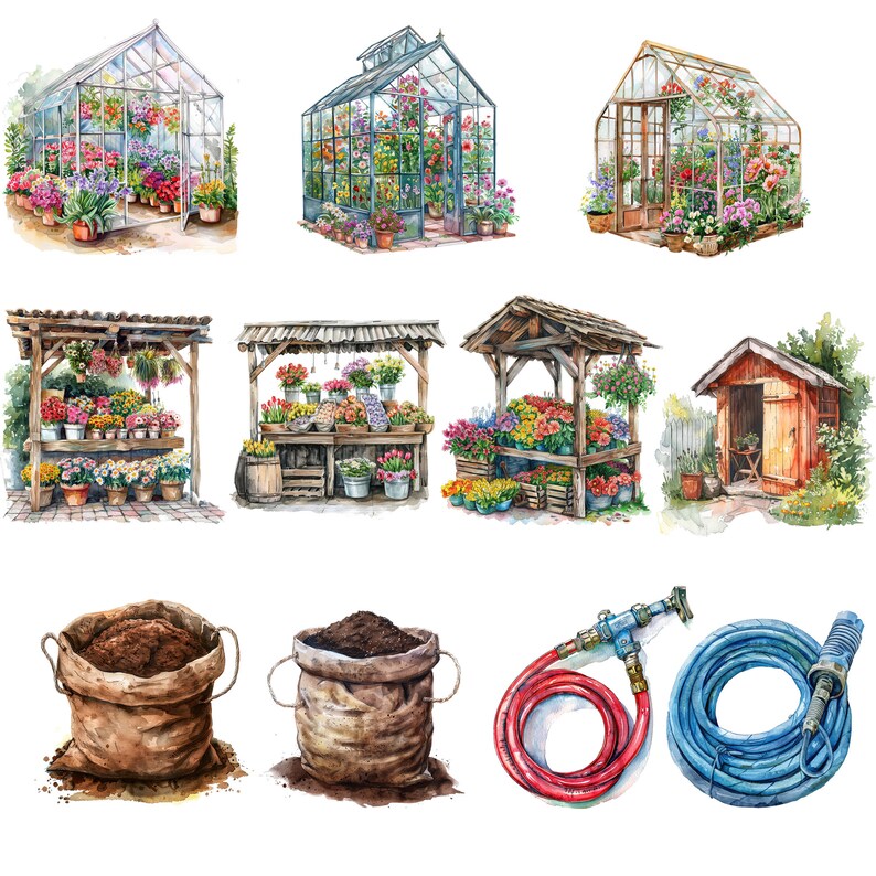 Pu&ograve; includere: Un'illustrazione ad acquerello di un centro di giardinaggio con tre serre, tre stand di fiori, un capanno, due sacchi di terra e un tubo da giardino. Le serre sono fatte di vetro e legno e hanno una variet&agrave; di fiori e piante al loro interno. Gli stand di fiori sono fatti di legno e hanno una variet&agrave; di fiori e piante su di loro. Il capanno &egrave; fatto di legno e ha una porta e una finestra. I sacchi di terra sono fatti di tela di juta e sono pieni di terra marrone. Il tubo da giardino &egrave; fatto di plastica blu e ha un ugello all'estremit&agrave;.