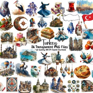 Op de afbeelding: Een verzameling van 56 transparante PNG-bestanden met aquarel illustraties van de Turkse cultuur, waaronder eten, bezienswaardigheden en traditionele kleding. De tekst "Turkey" is zichtbaar.